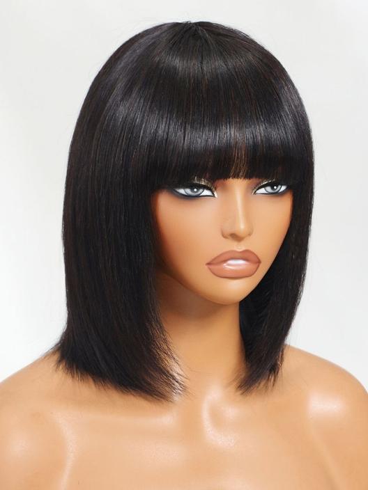 Extra 50% Off Code HALF50 | Klaiyi Straight Bob Wig With Blunt Cut Bangs Glueless Human Hair Wig Flash Sale