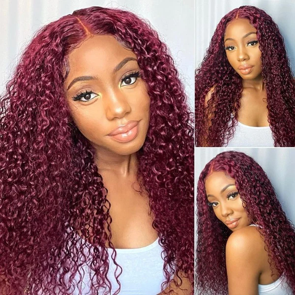 Extra 60% OFF | Klaiyi 99J Burgundy Transparent Lace Frontal Wig Curly Human Hair for Women