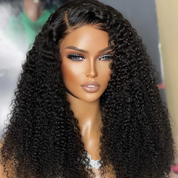 Klaiyi Put On and Go 7x5 Bye Bye Knots Pre-cut Glueless Lace Wig Natural Color Kinky Curly Human Hair