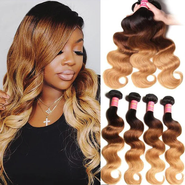 Klaiyi 3 Tone Ombre Human Hair Body Wave 3/4 Bundles Hair Weave 1b/4/27 Color