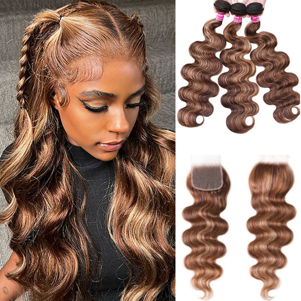 Klaiyi Virgin Human Hair 3 Bundles with Lace Closure Ombre Honey Blonde Highlight Color