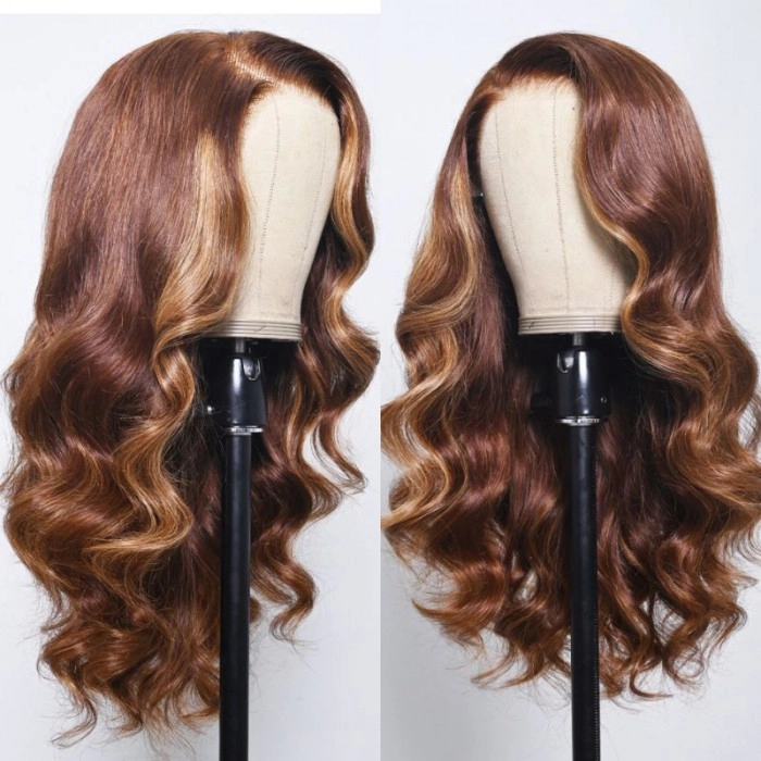Klaiyi 13x4 Lace Front Golden Brown With Flaxen Highlights Loose Wave Wig