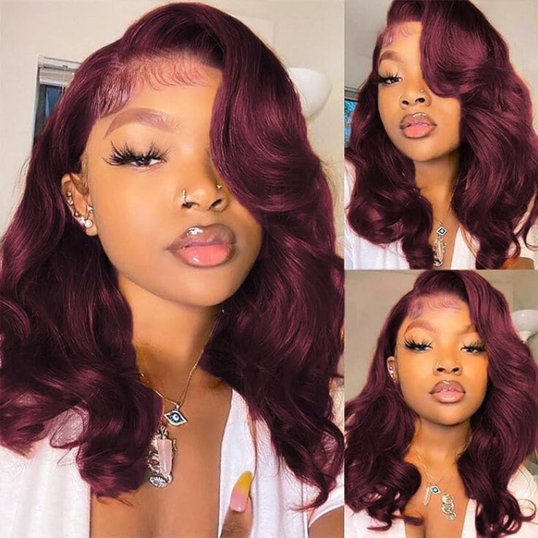 Klaiyi Black Cherry 7x5 Bye Bye Knots Blow Out Bob Wig Glueless with Curtain Bangs Natural Volume Style