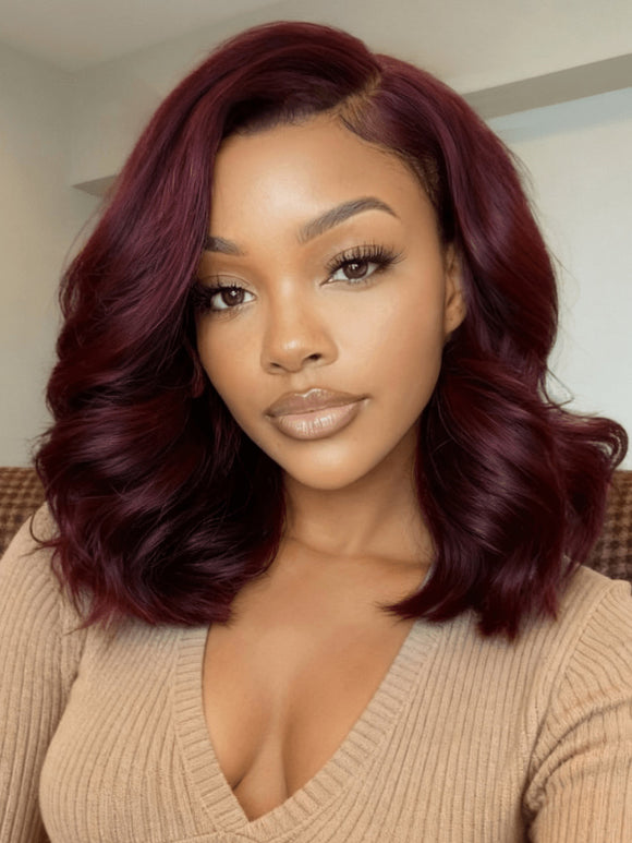 Perruque Klaiyi Black Cherry 7x5 Bye Bye Knots Blow Out Bob sans colle avec frange rideau, volume naturel 