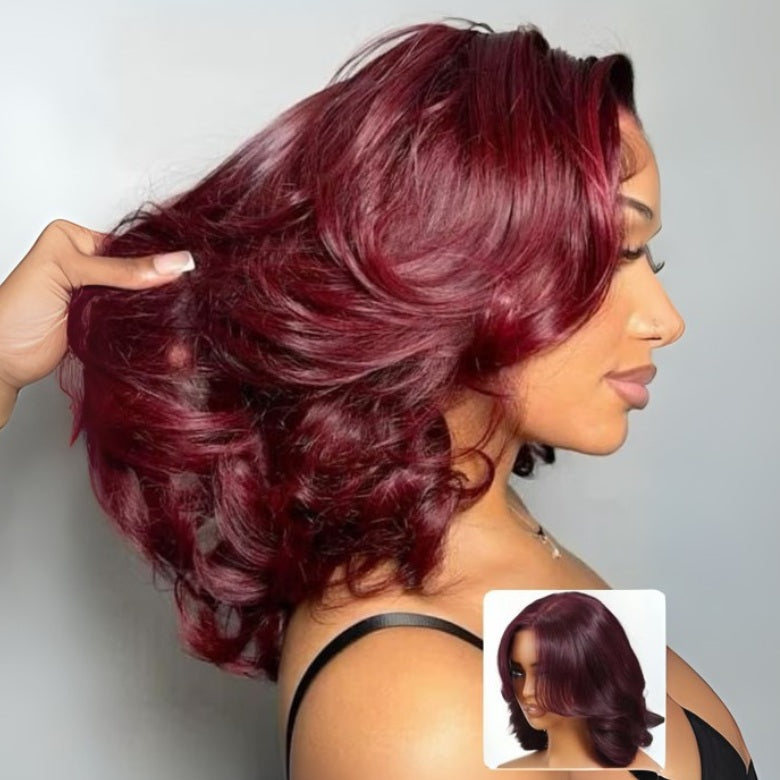 Klaiyi Black Cherry 7x5 Bye Bye Knots Blow Out Bob Wig Glueless with Curtain Bangs Natural Volume Style