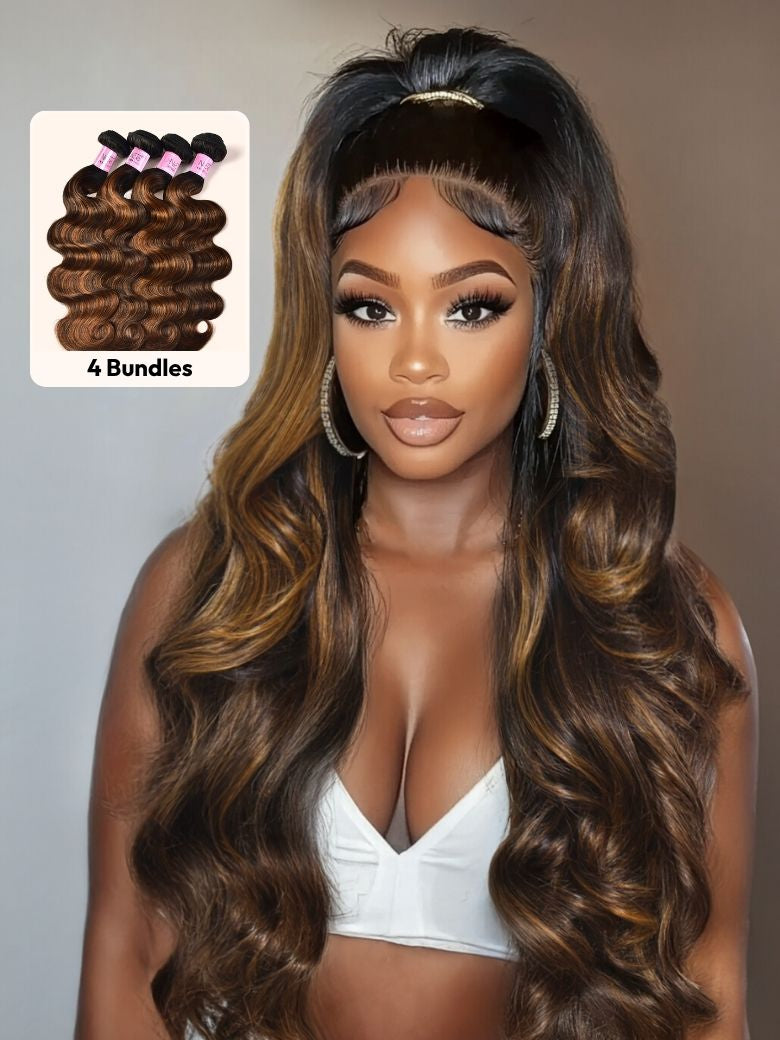 Klaiyi Brown Balayage #1b/30 Highlight Color Body Wave Human Virgin Hair Bundles Deal Flash Sale