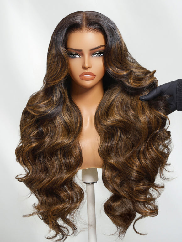 Klaiyi Dark Root Brown Balayage Highlight 7x5 Bye Bye Knots Body Wave Lace Front Wig Flash Sale