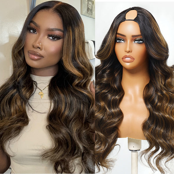 Klaiyi EasiContour™ V-Part Wig Balayage Brown Highlight Loose Body Wave Wig Real Scalp Glueless Wigs