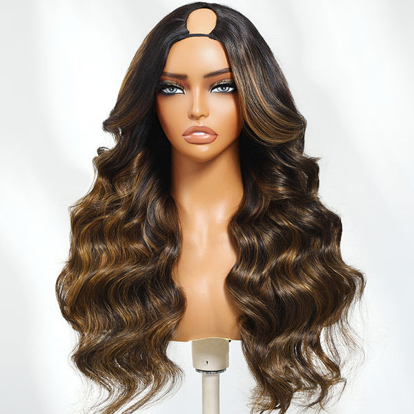 Klaiyi EasiContour™ V-Part Wig Balayage Brown Highlight Loose Body Wave Wig Real Scalp Glueless Wigs