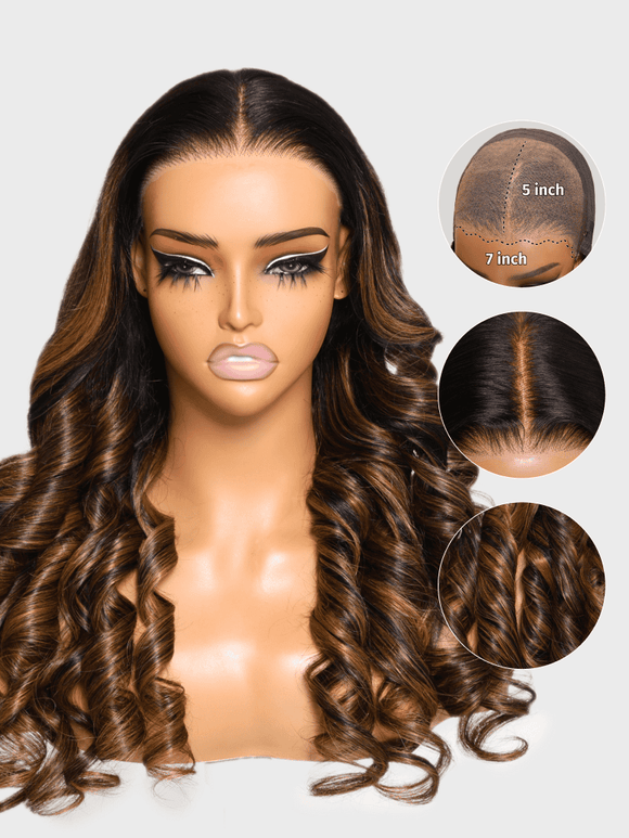Klaiyi Klaiyi 7x5 Balayage Brown Highlight Body Wave Lace Closure Glueless Wig with Invisible Drawstring