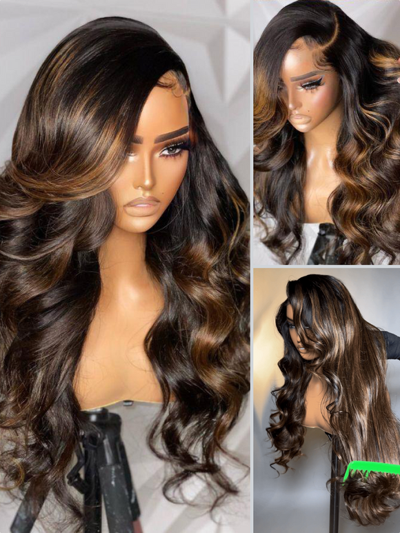 Klaiyi Dark Root Brown Balayage Highlight 7x5 Bye Bye Knots Body Wave Lace Front Wig Flash Sale