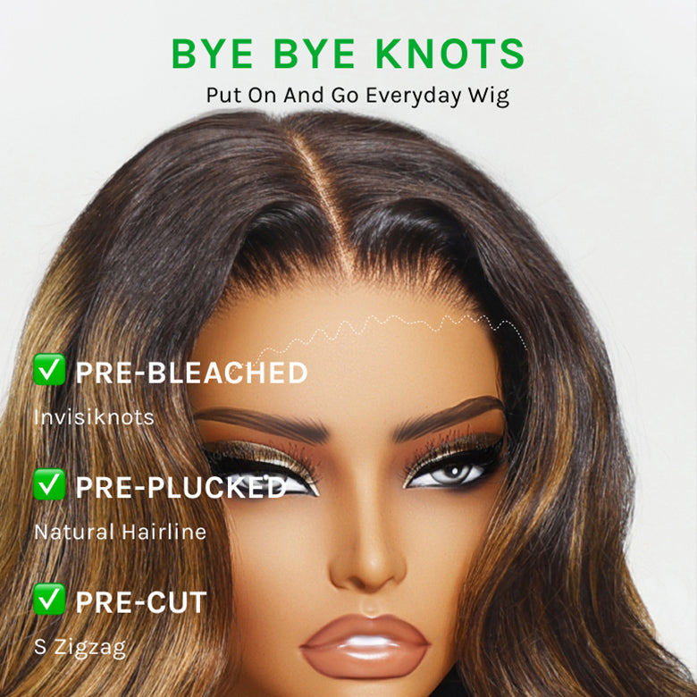 Klaiyi Ombre Brown Balayage Highlight Body Wave 7x5 Bye Bye Knots Wig Precolored Human Hair Lace Wig