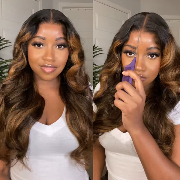 All Wigs Under $100 | Klaiyi Dark Root Brown Balayage Highlight Body Wave Lace Front Wig Flash Sale