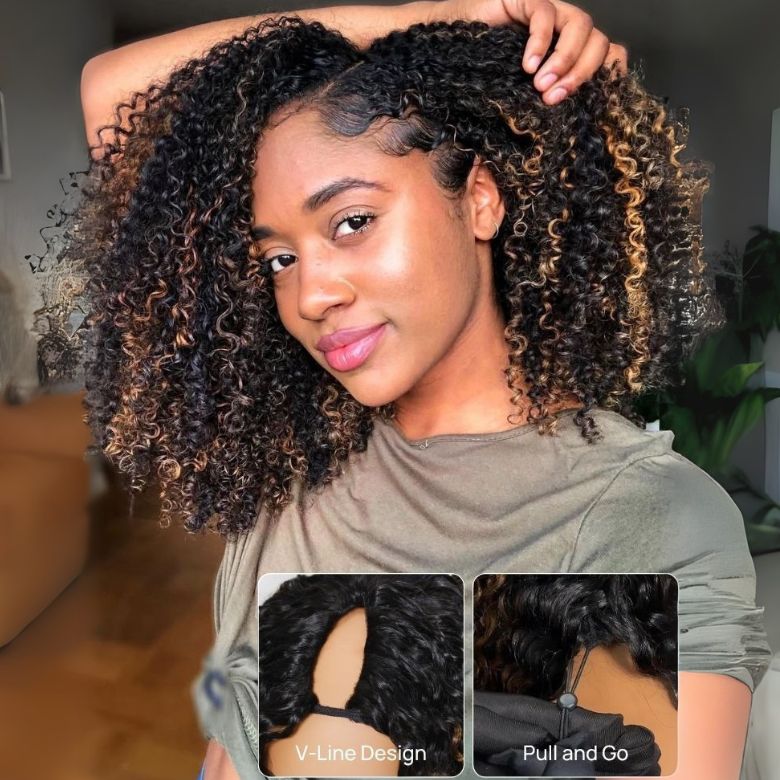 Klaiyi EasiContour™ Curly V Part Wig Ombre Chestnut Brown Color Glueless V Part Human Hair Wigs