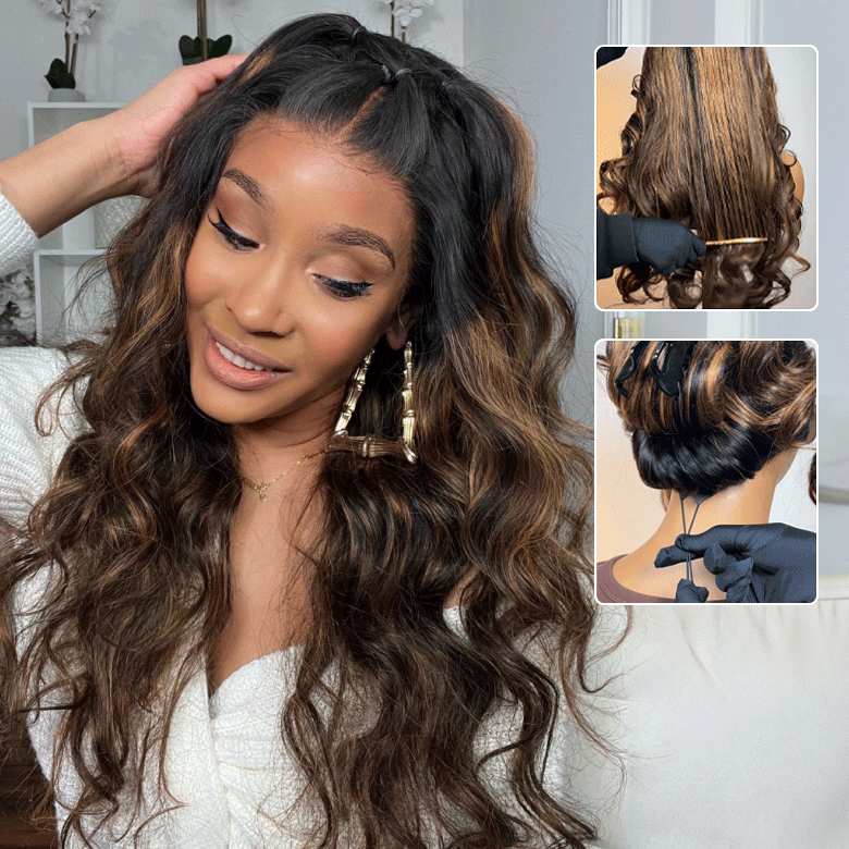 Klaiyi Ombre Brown Balayage Highlight Body Wave 7x5 Bye Bye Knots Wig Precolored Human Hair Lace Wig