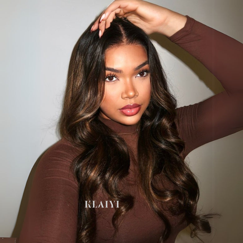Klaiyi Ombre Brown Balayage Highlight Body Wave 7x5 Bye Bye Knots Wig Precolored Human Hair Lace Wig