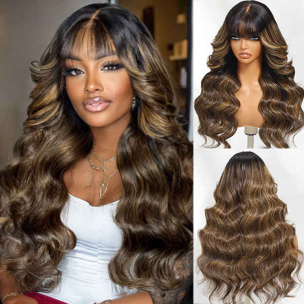 Klaiyi Hair 13x4 Balayage Highlight Wig with Bangs Pre-everything Body Wave Lace Front Human Hair Wigs with Invisi Drawstring