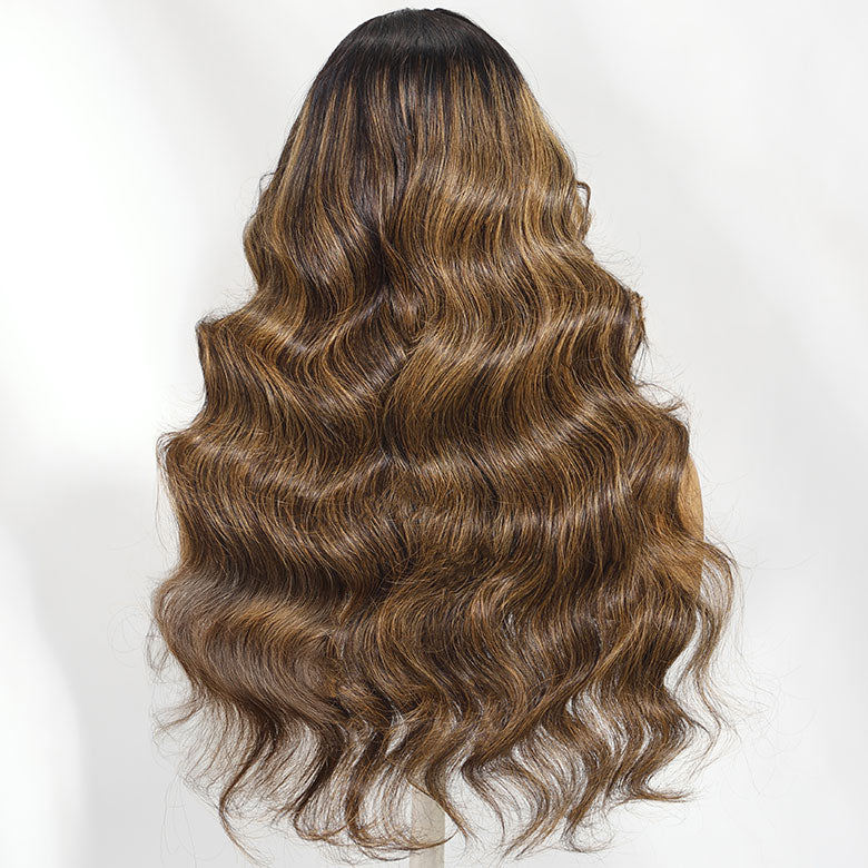 Klaiyi Hair 13x4 Balayage Highlight Wig with Bangs Pre-everything Body Wave Lace Front Human Hair Wigs with Invisi Drawstring