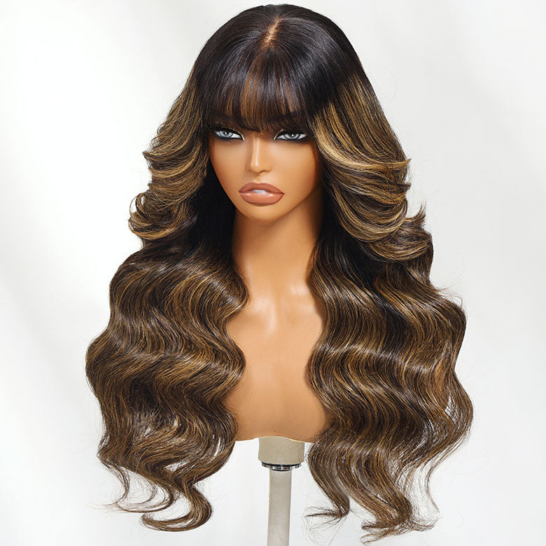 Klaiyi Hair 13x4 Balayage Highlight Wig with Bangs Pre-everything Body Wave Lace Front Human Hair Wigs with Invisi Drawstring