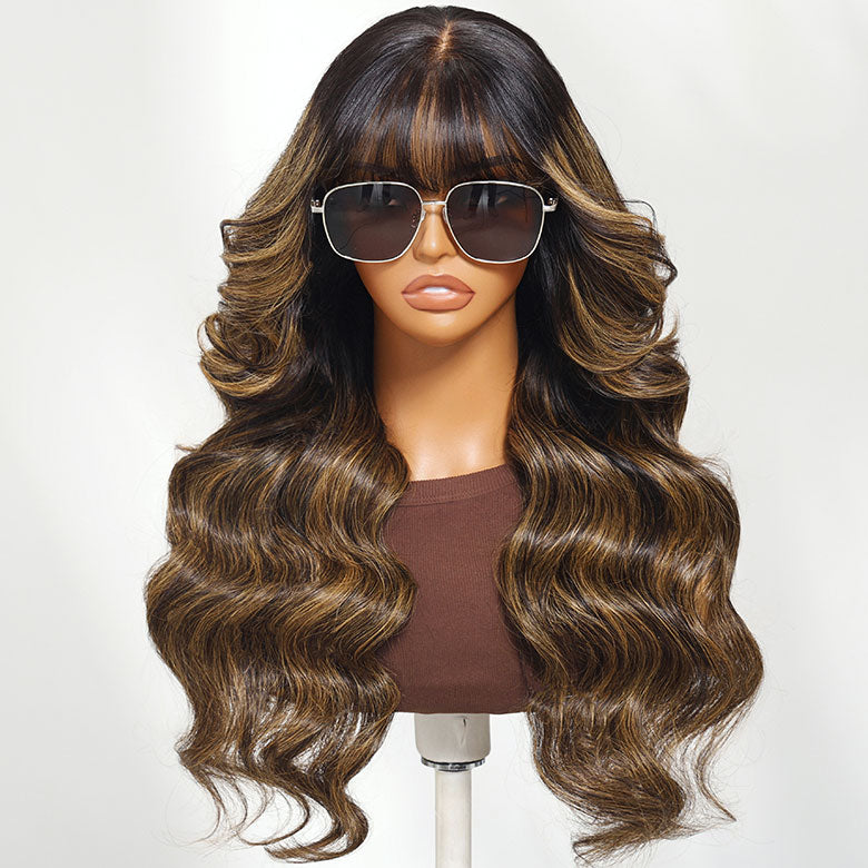 Klaiyi Hair 13x4 Balayage Highlight Wig with Bangs Pre-everything Body Wave Lace Front Human Hair Wigs with Invisi Drawstring