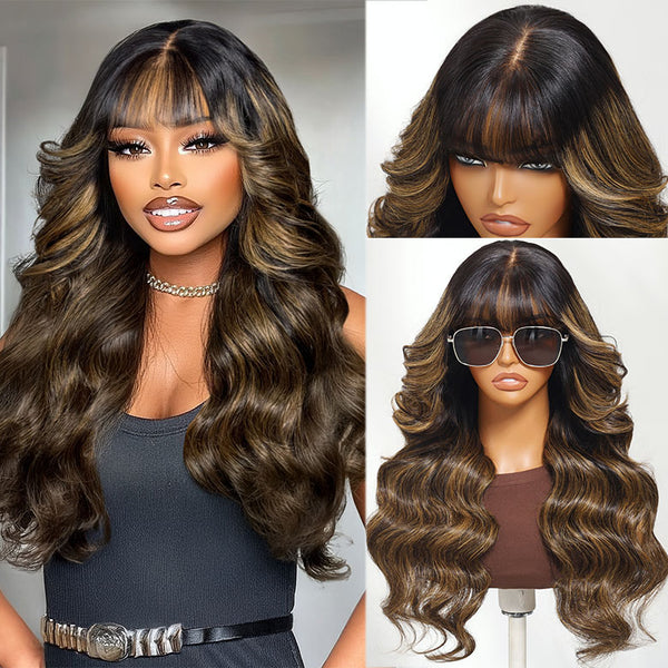 Klaiyi Hair 13x4 Balayage Highlight Wig with Bangs Pre-everything Body Wave Lace Front Human Hair Wigs with Invisi Drawstring