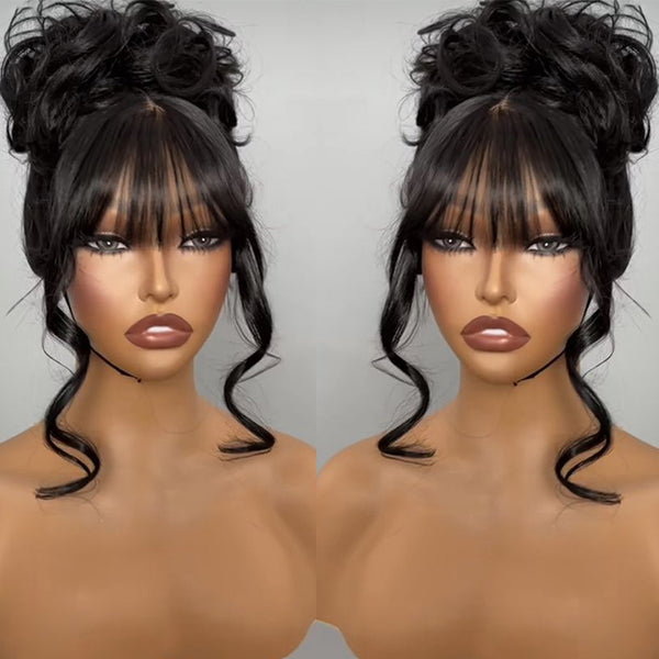 Klaiyi 7x5 and 13x4 3D Fluffy Body Wave Lace Frontal Wig with Curtain Bangs & Layers Pre everything Put on and Go Human Hair Wigs