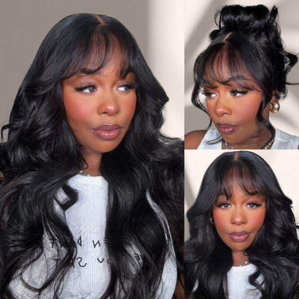 Klaiyi 13x4 3D Fluffy Body Wave Lace Frontal Wig with Curtain Bangs & Layers Pre everything Put on and Go Human Hair Wigs