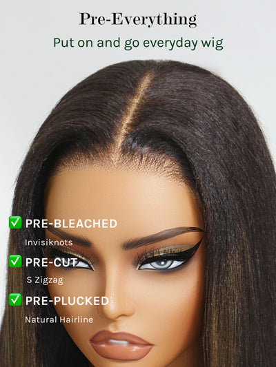 Klaiyi Ombre Chestnut Brown Yaki Straight 7x5 No-Slip Glueless Wig Put On & Go Human Hair Wigs with Invisi Drawstring