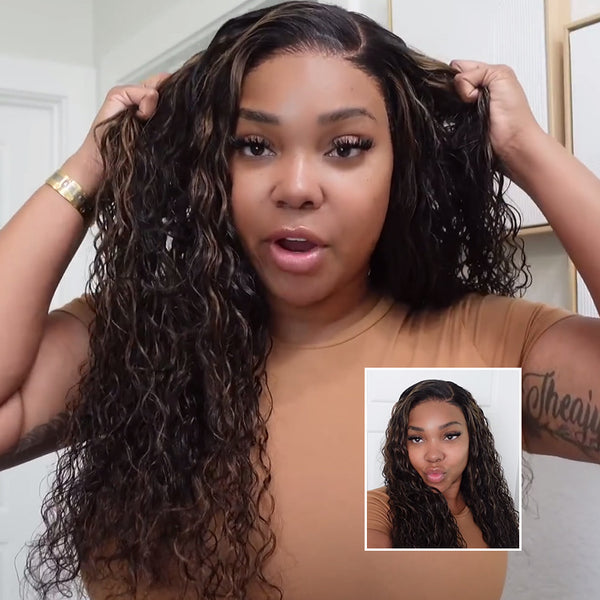 Klaiyi 7x5 Golden Brown Highlight Water Wave Bye Bye Knots Lace Closure Wig 150% Density
