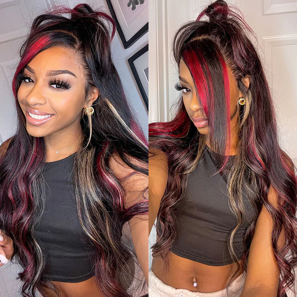 $100 OFF | Code: SAVE100 Klaiyi 13x4 Pre-Everything Lace Front Blonde And Red Body Wave Wigs  Multi Color Highlights