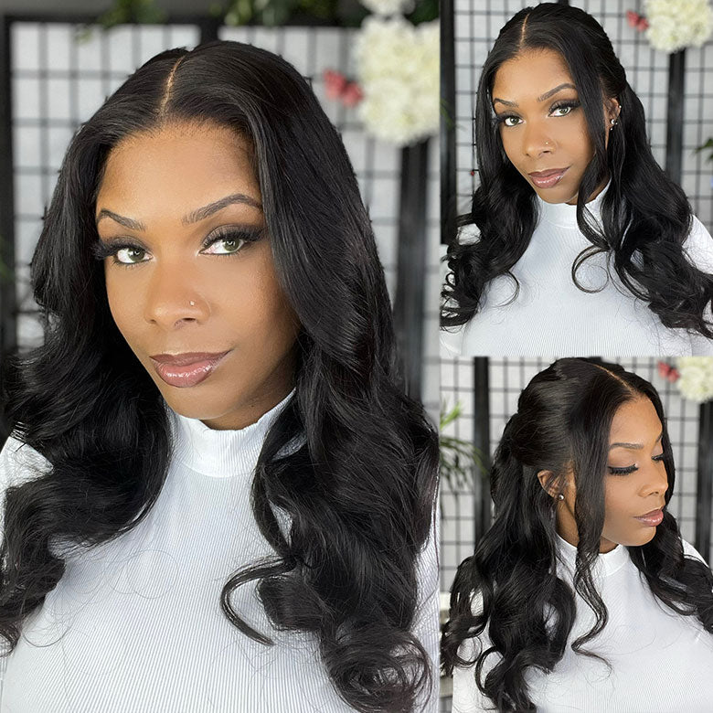 Klaiyi Hair HD Real Scalp™ Wig with Curtain Bangs 13x4 Invisible Lace Frontal Body Wave Wig Natural Black Color