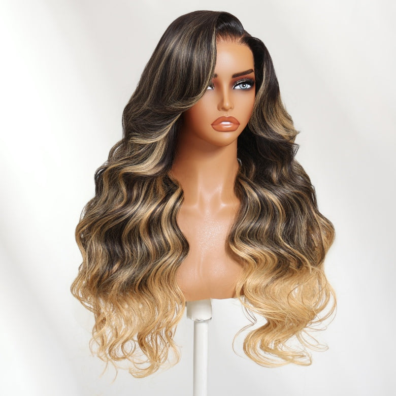 Klaiyi 7x5 Bye Bye Knots Balayage Highlight Ash Blonde with Dark Roots Wig Put On And Go Human Hair Wigs