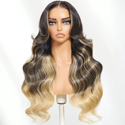 Klaiyi 7x5 Bye Bye Knots Balayage Highlight Ash Blonde with Dark Roots Wig Put On And Go Human Hair Wigs