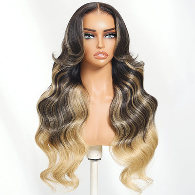 Klaiyi 7x5 Bye Bye Knots Balayage Highlight Ash Blonde with Dark Roots Wig Put On And Go Human Hair Wigs