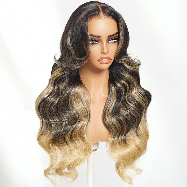 Klaiyi 7x5 Bye Bye Knots Balayage Highlight Ash Blonde with Dark Roots Wig Put On And Go Human Hair Wigs