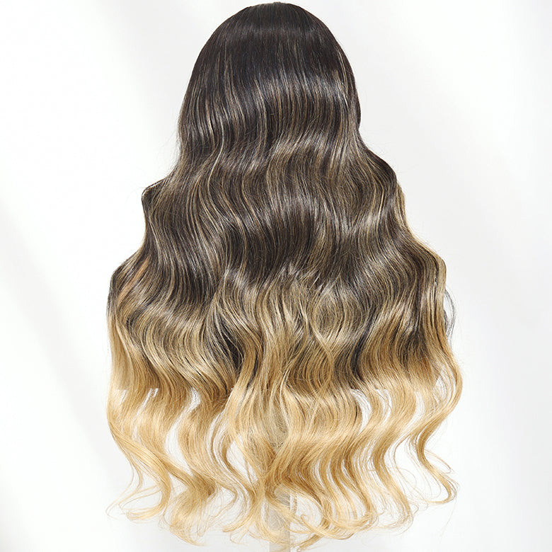 Klaiyi 7x5 Bye Bye Knots Balayage Highlight Ash Blonde with Dark Roots Wig Put On And Go Human Hair Wigs
