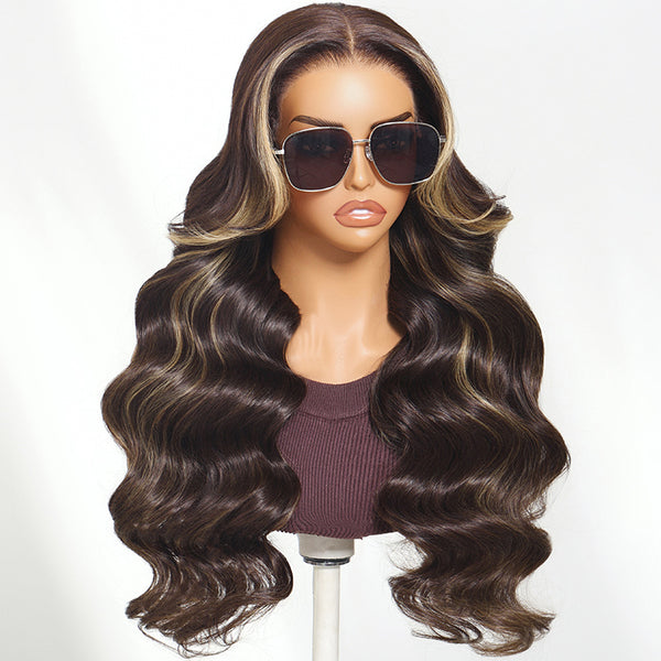 Klaiyi 7x5 Bye Bye Knots Chocolate Brown Highlight Body Wave with Face Framing Curtain Bangs