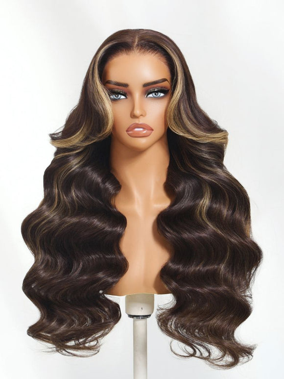 Klaiyi 7x5 Bye Bye Knots Chocolate Brown Highlight Body Wave with Face Framing Curtain Bangs Flash Sale