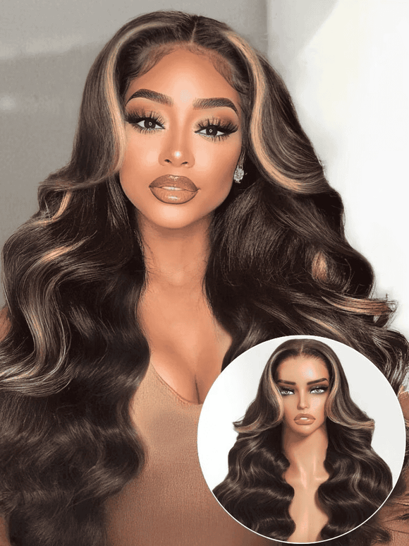 Klaiyi 7x5 Bye Bye Knots Chocolate Brown Highlight Body Wave with Face Framing Curtain Bangs Flash Sale