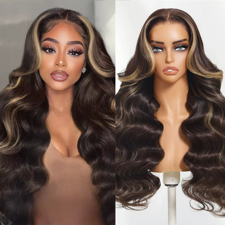Klaiyi 7x5 Bye Bye Knots Chocolate Brown Highlight Body Wave with Face Framing Curtain Bangs Flash Sale
