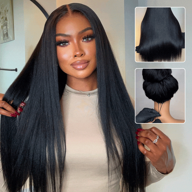 Klaiyi Yaki Straight Put On and Go Glueless Lace Wigs 7x5 Bye Bye Knots Pre-cut Human Hair Lace Wig Kinky Straight