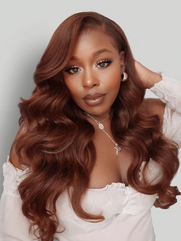 Klaiyi 3 Bundles with Lace Closure Pre Plucked Auburn Copper Reddish Brown Human Hair