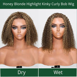 Klaiyi Honey Blonde Highlights Kinky Curly Cut BOB Wig 13x4  Lace Front Wigs Human Hair Flash Sale