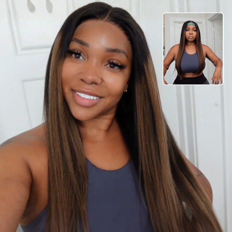 Buy 1 Get 1 Free,Code:BOGO |  Klaiyi Ombre Chestnut Brown Yaki Straight Put On and Go Glueless Wig 7x5 Bye Bye Knots And 13x4 Lace Frontal Human Hair Wigs with Invisi Drawstring（副本）