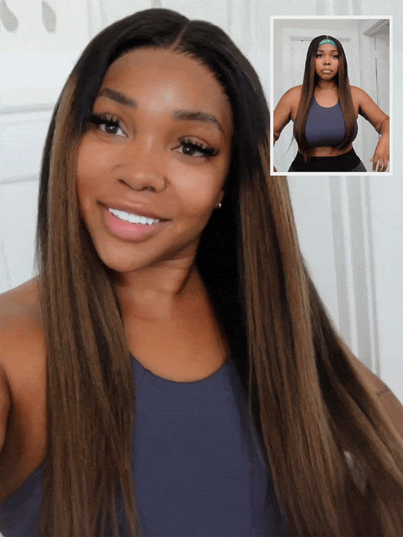 Extra 50% OFF Code:HALF50 | Klaiyi Ombre Chestnut Brown Yaki Straight Put On and Go Glueless Wig 7x5 Bye Bye Knots And 13x4 Lace Frontal Human Hair Wigs with Invisi Drawstring