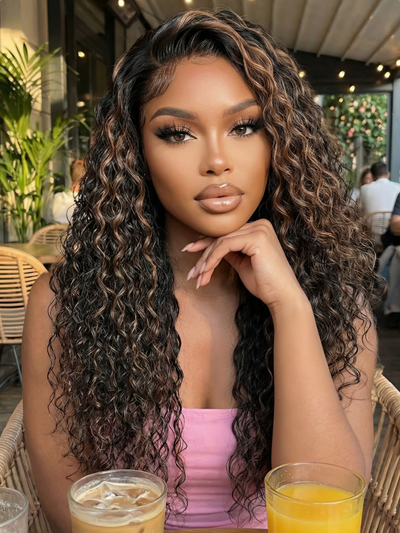Klaiyi 7x5 Golden Brown Highlight Water Wave Bye Bye Knots Lace Closure Wig 150% Density