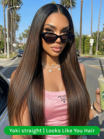 Klaiyi Ombre Chestnut Brown Yaki Straight Put On and Go Glueless Wig 7x5 Bye Bye Knots And 13x4 Lace Frontal Human Hair Wigs with Invisi Drawstring