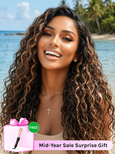 Klaiyi 7x5 Golden Brown Highlight Water Wave Bye Bye Knots Lace Closure Wig 150% Density