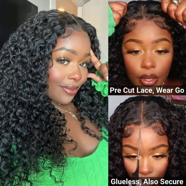 Klaiyi No Glue Pre-cut Pre-plucked Wear Go Larger Lace Size Jerry Curly Lace Closure Wig Flash Sale
