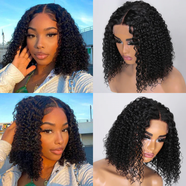 Klaiyi Curly Lace Part Bob Wigs Short Human Hair Curly Wig Natural Black 4*0.75 Lace